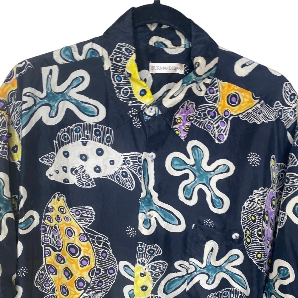 Burma Bibas 100% Silk Button Front Wild Fish Short Sleeve Shirt Sz Lg